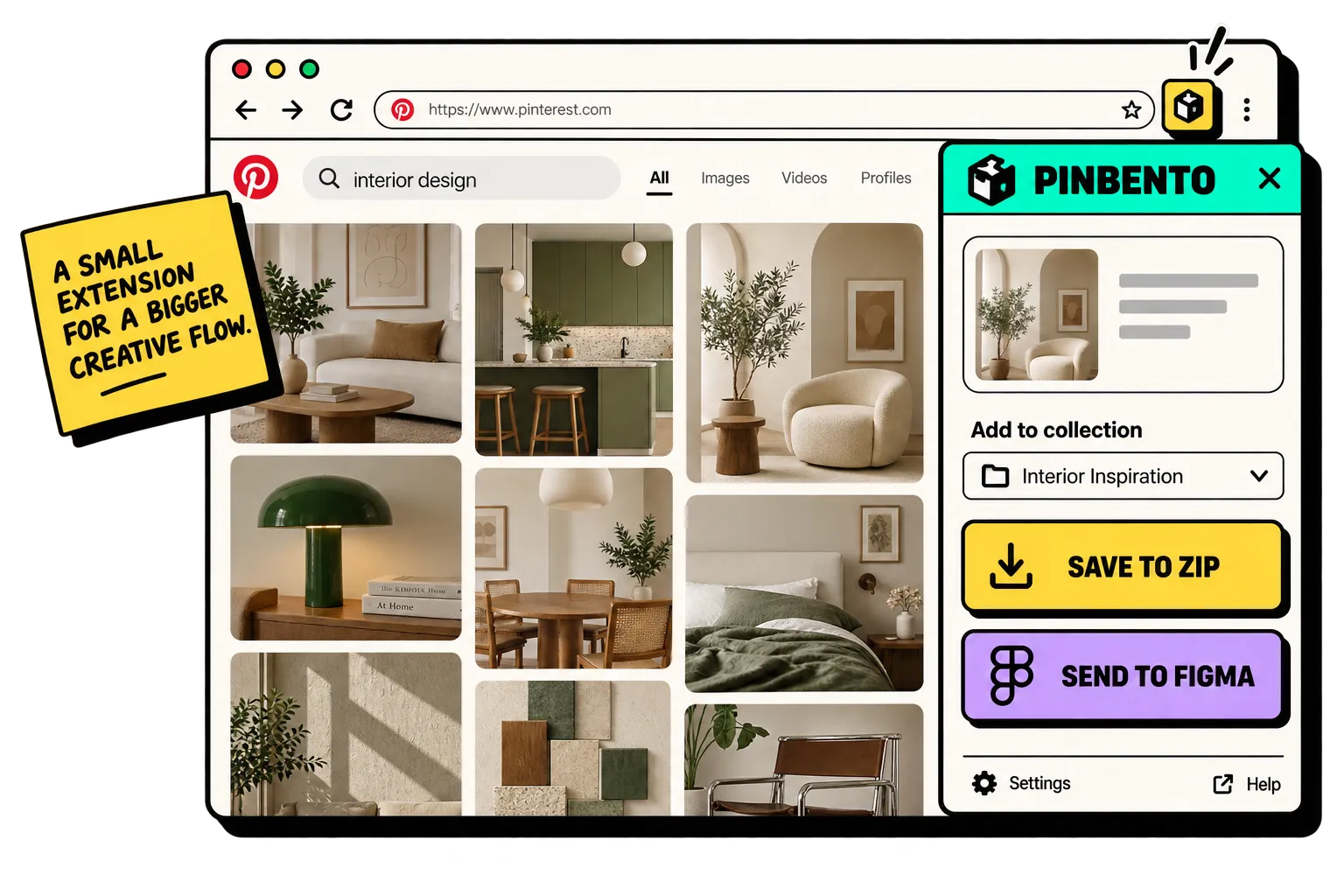 PinBento browser extension collecting interior-design pins for ZIP or Figma export