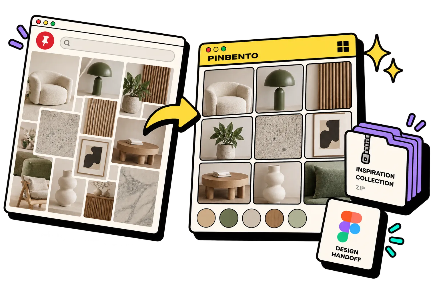 Pinterest-style inspiration tiles transforming into an organized PinBento collection